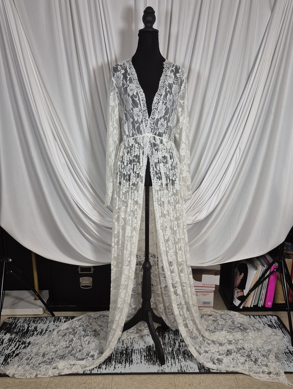 Sheer White Lace Robe with Elastic Waist  (Minor Defect See Photo)